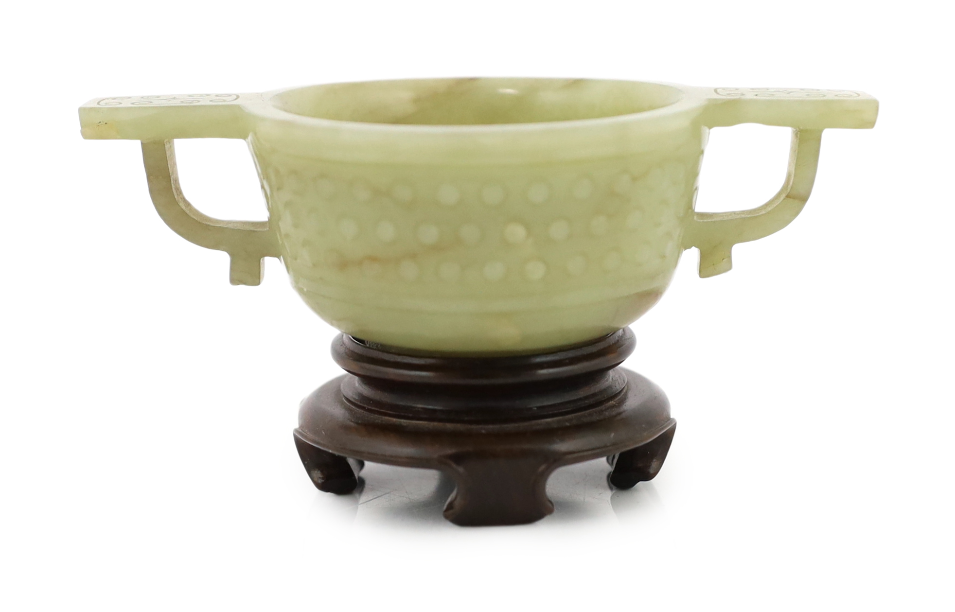 A Chinese celadon jade two handled cup, 17th century